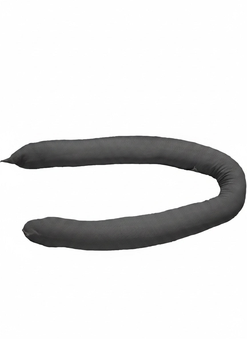 Grey draught excluder and water absorbing snake, 1.2 metres long, coiled on a white background